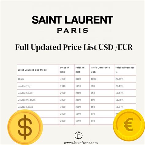 ‘YSL’ Saint Laurent Price List: Reference in USD/EUR .